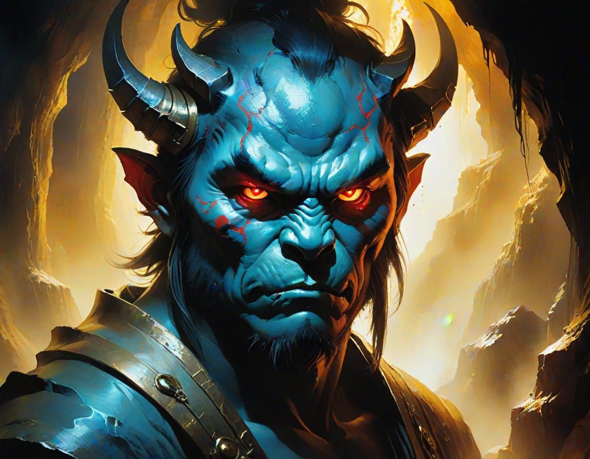 Surreal Oni Portrait in Vibrant Cave Setting