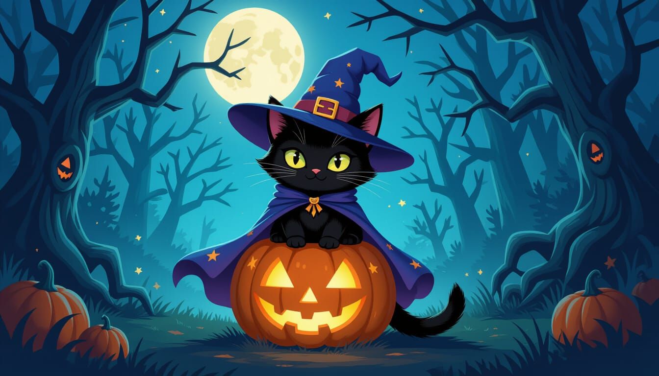 Mischievous Witch Cat on Glowing Pumpkin in Moonlit Forest