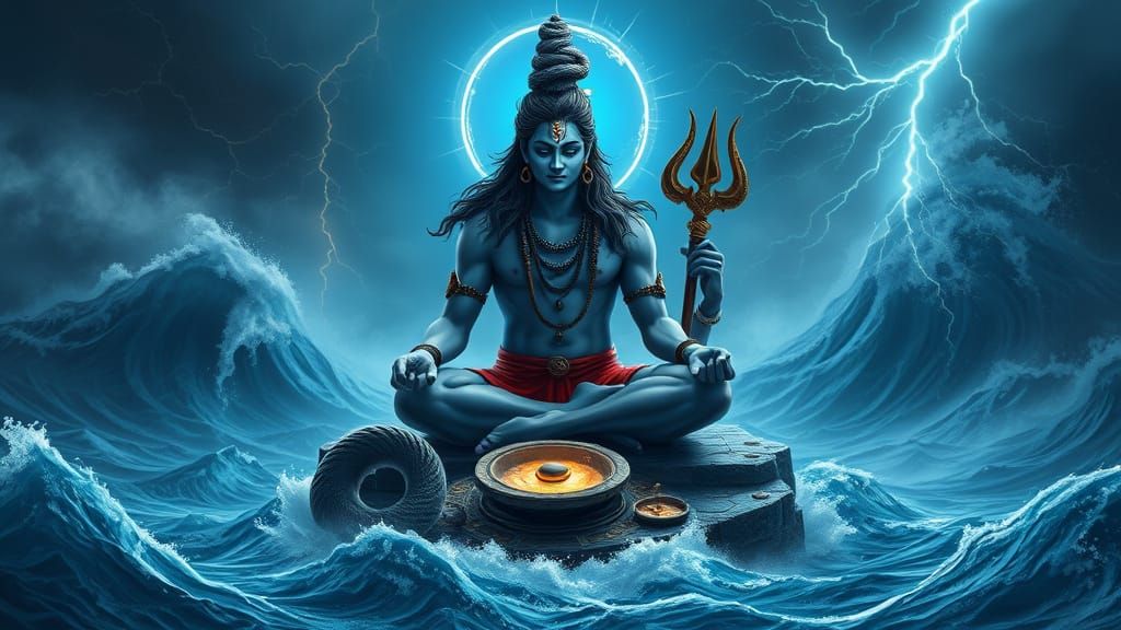 Divine Shiva Meditates Amidst Cosmic Chaos of Samudra Mantha...
