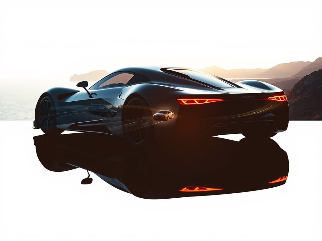 Double Exposure Sports Car Silhouette on Coastline Highway