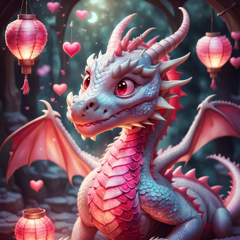Friendly Dragon with Glowing Hearts in Pastel Colors