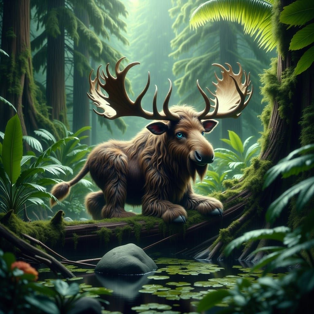 Epic Moose Buffalo Deer Hybrid Hides Beneath Tropical Leaves...