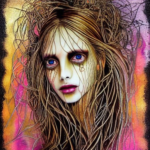 Intricate Nymph with Zebra Face Tattoos in Pointillism