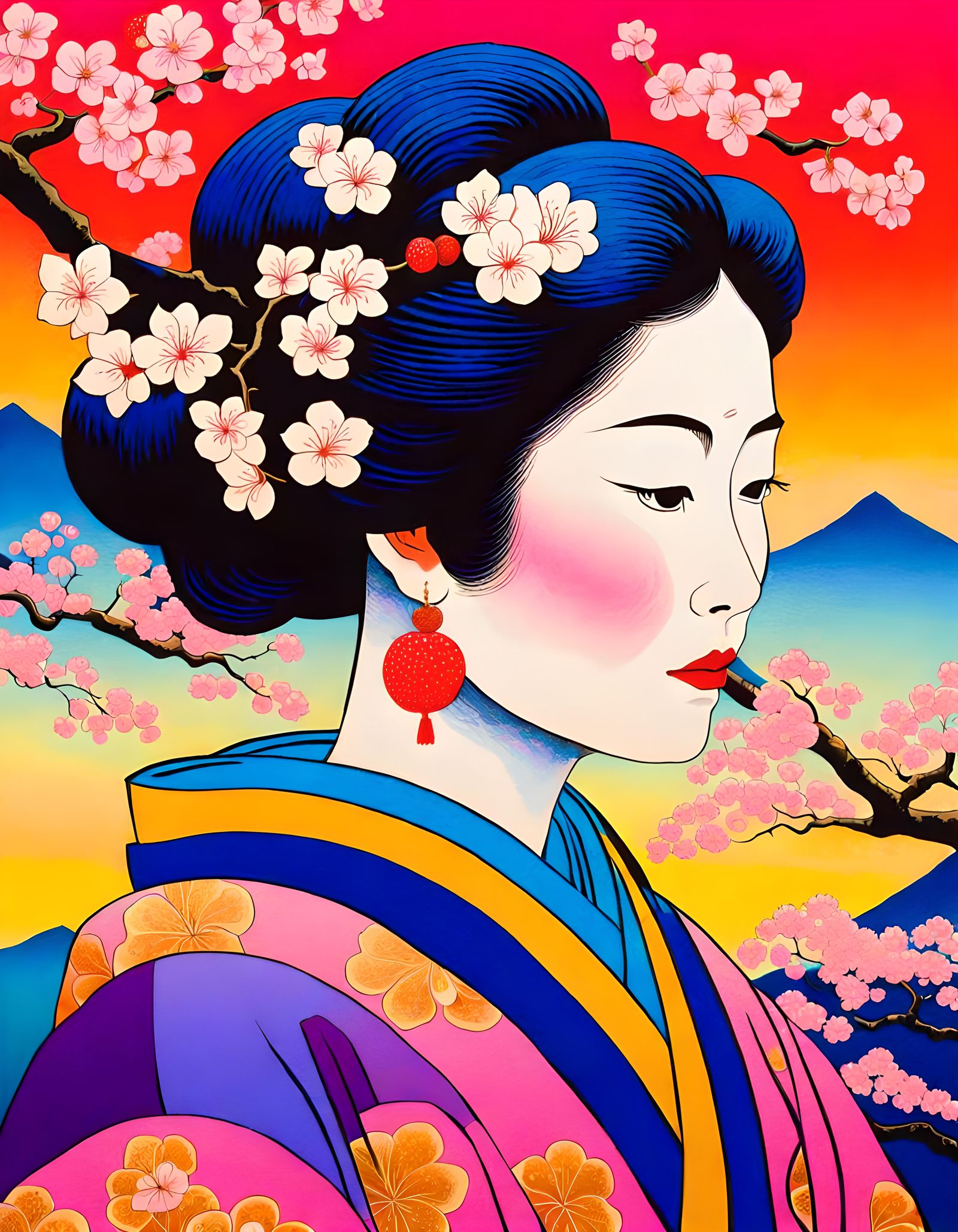 Psychedelic Ukiyo-e: Woman Amidst Cherry Blossoms