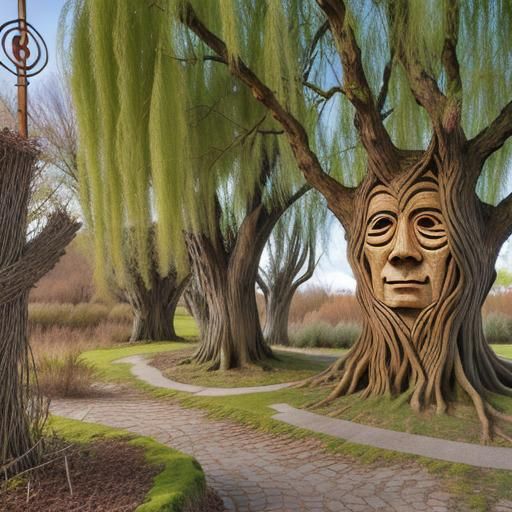 Sentient willow tree with a face carved into its bark
