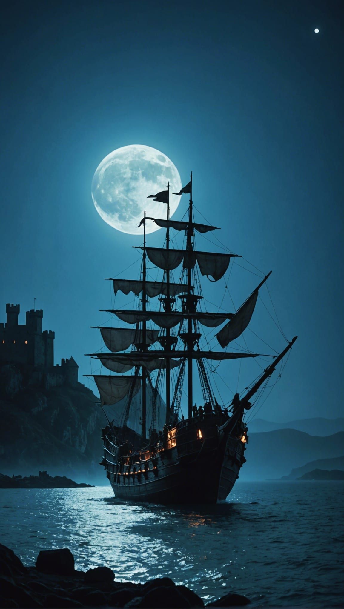 Archers Fire on Ghost Ship Under Full Moon