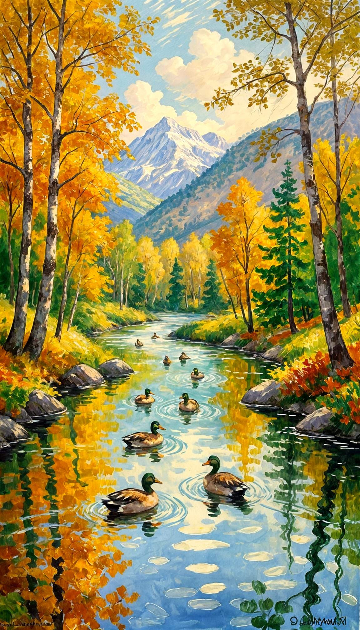 Impressionist Ducks in Autumn Forest River Scene