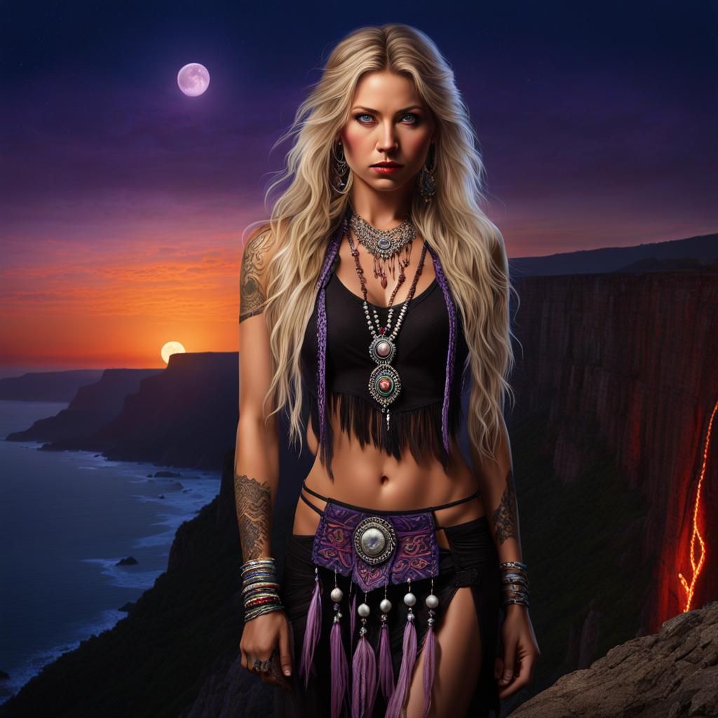 Native American Woman with Tribal Tattoo Under Blood Moon