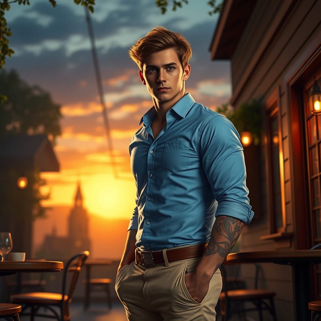 Charming Young Man at Restaurant Entrance in Sunset Ambiance