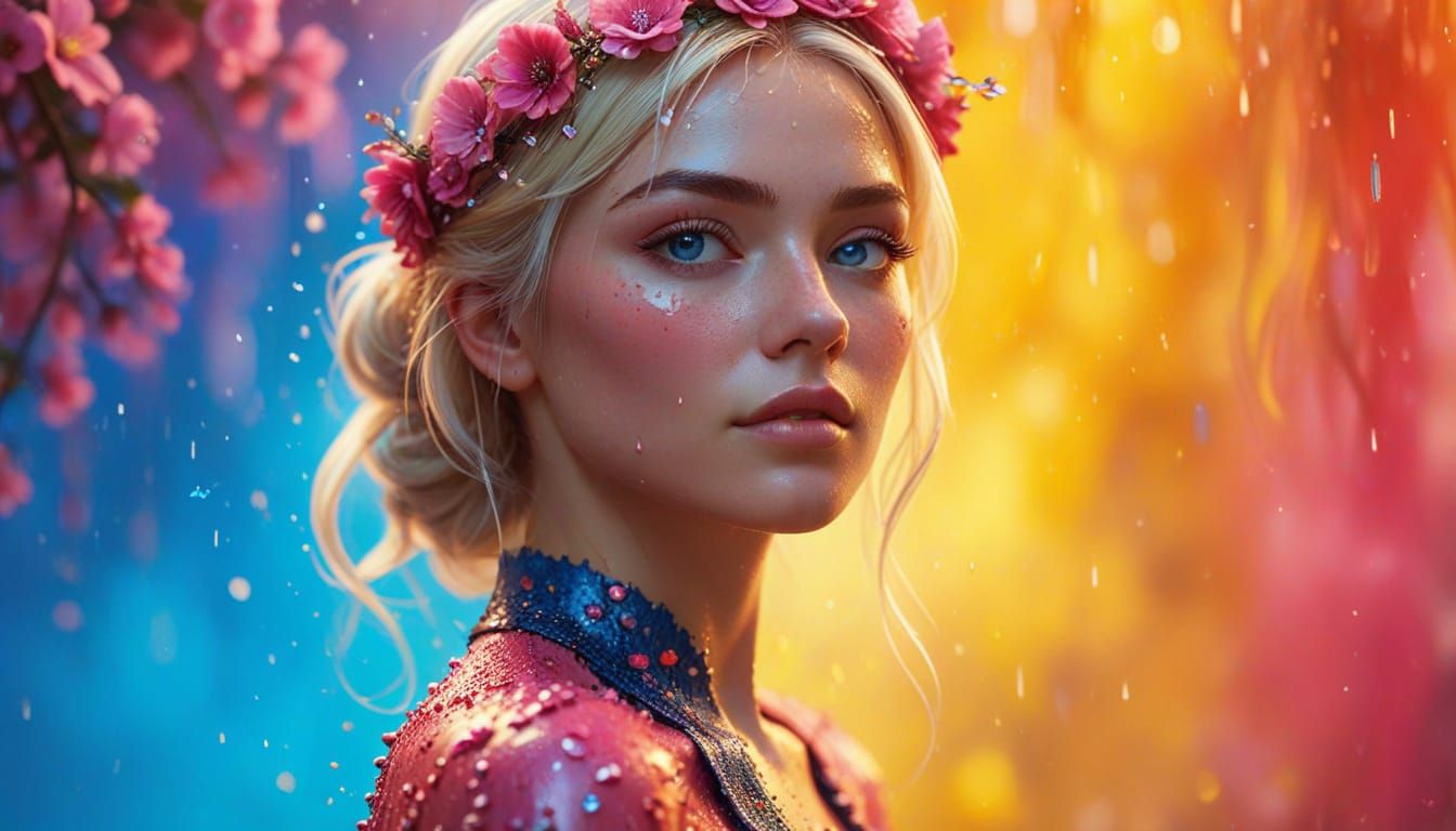 Platinum Blonde Girl with Flower Crown in Splash Art