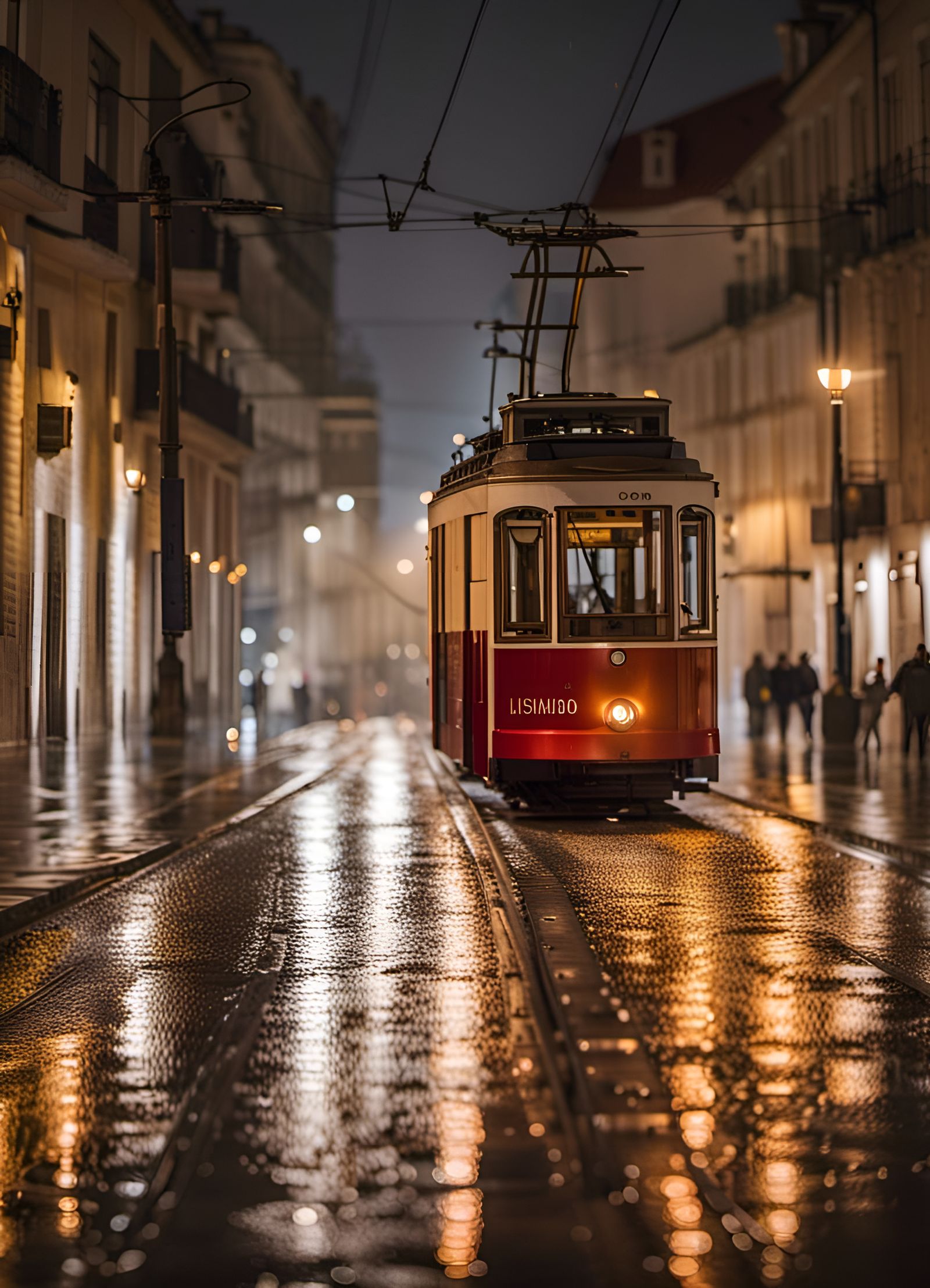 Lisbon Tram at Night in the Rain
