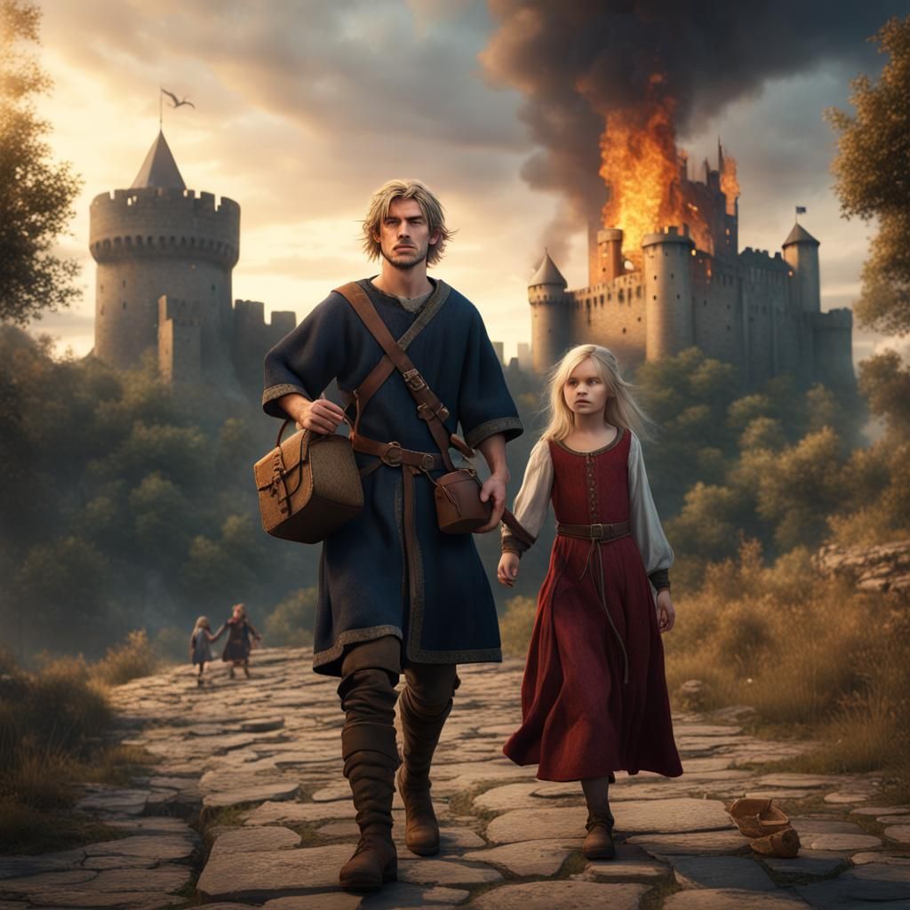 Medieval Peasants Flee Burning Castle