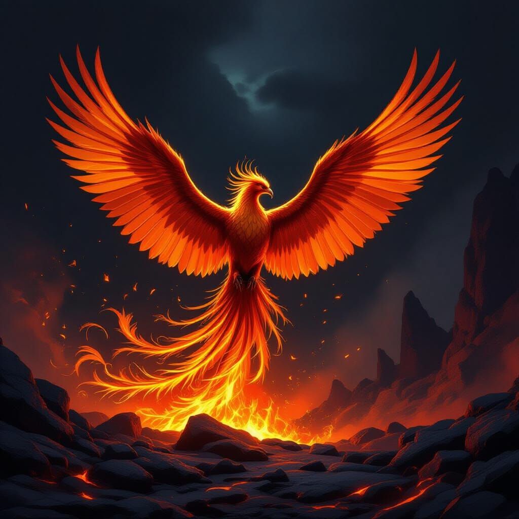 Majestic Phoenix Rises from Embers in Volcanic Landscape