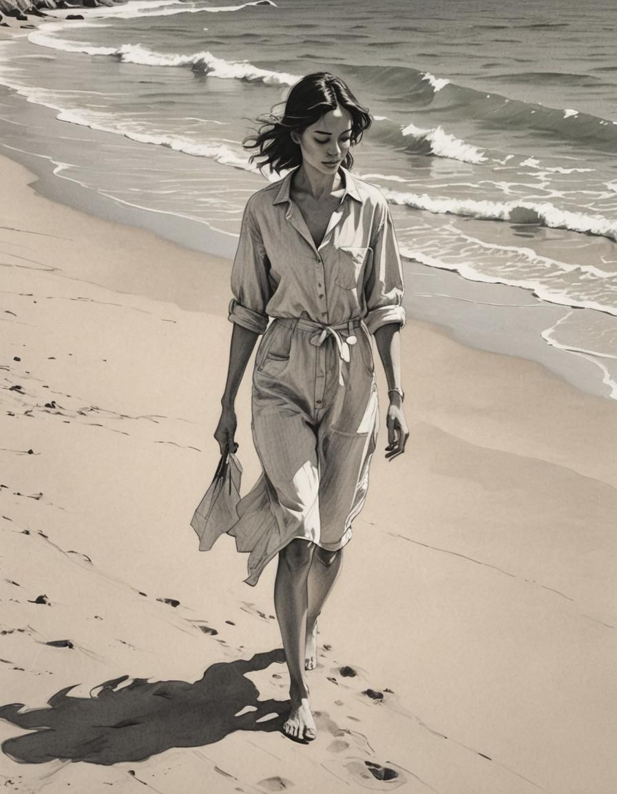 Minimalist Pencil Drawing: Woman on Tropical Beach