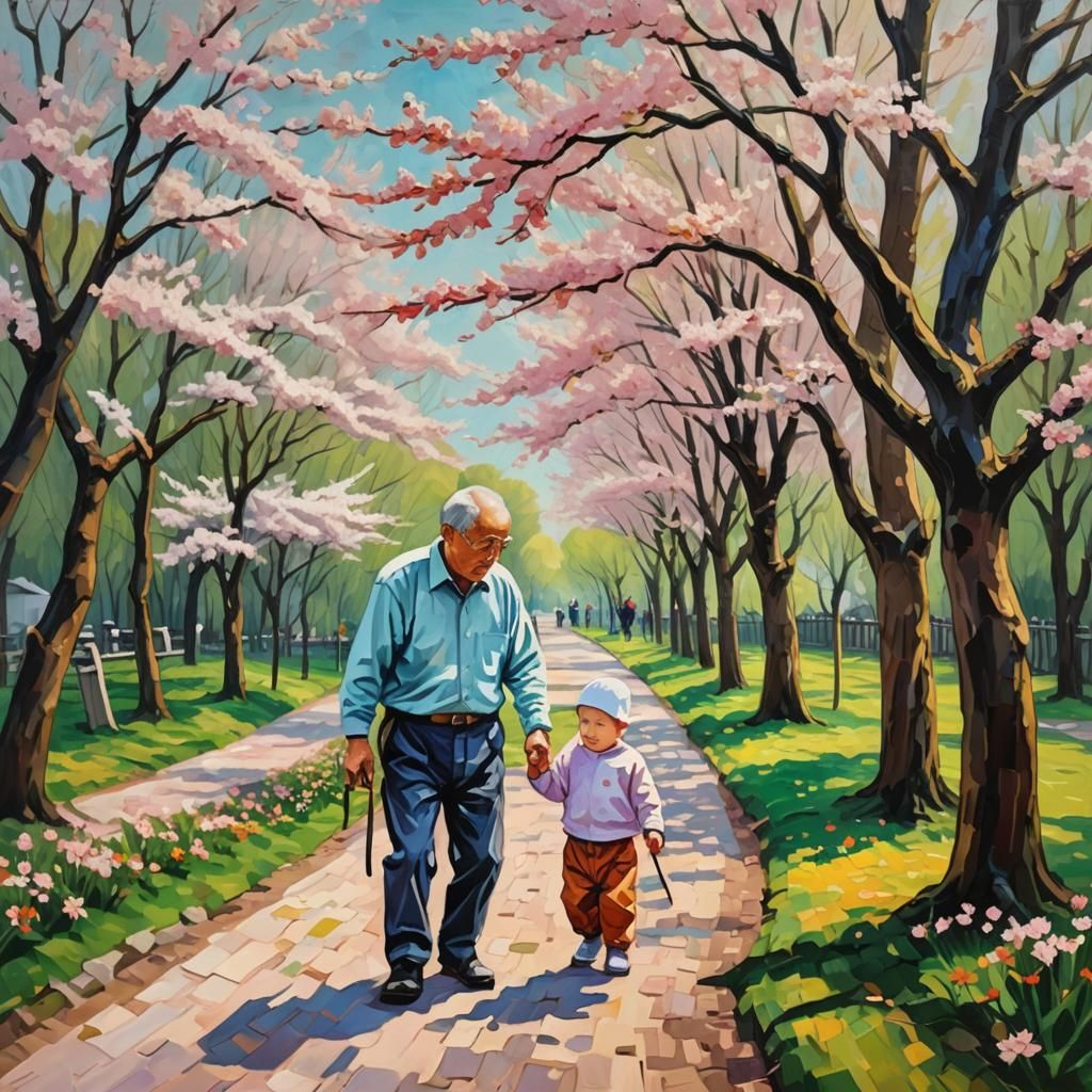 Grandfather Teaches Baby to Walk: Impressionist Oil Painting