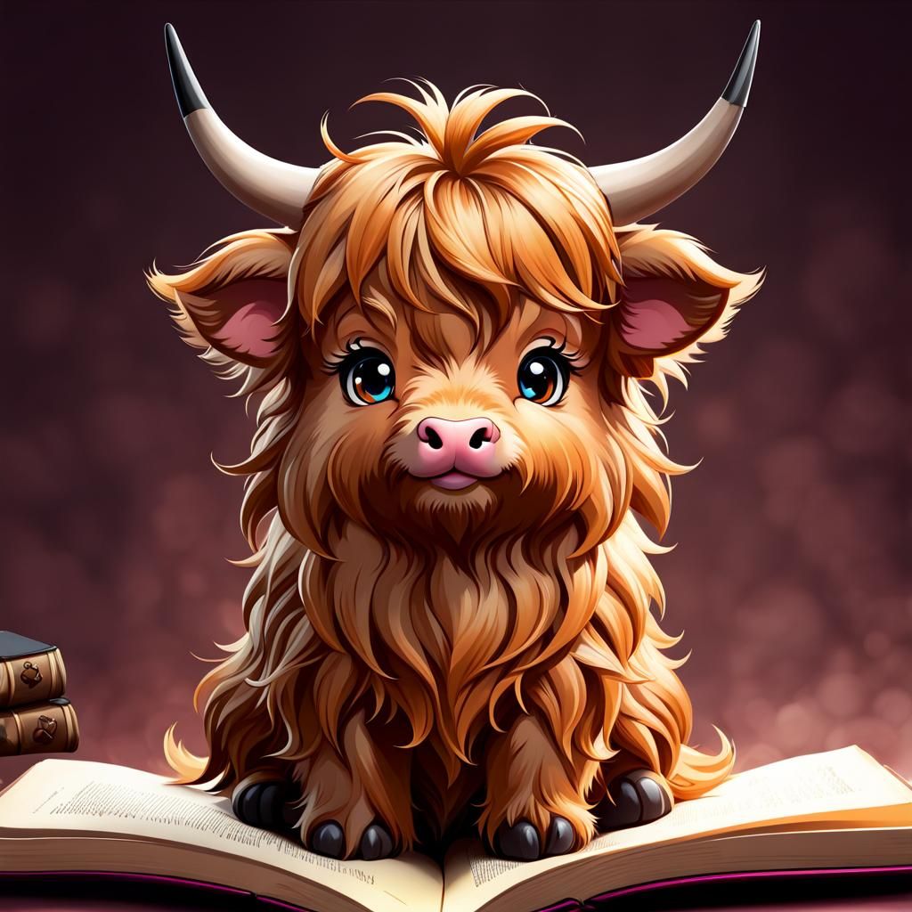 Chibi Highland Cow in Storybook Style