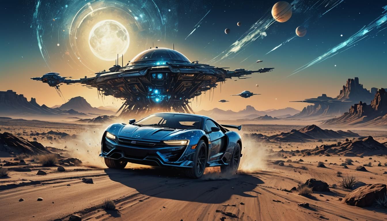 Futuristic Car Race on Titan: Hyperdetailed Silhouette Art