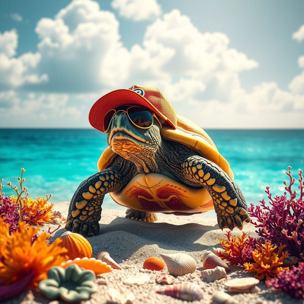 Trendy Turtle Strolls on Sun-Kissed Beach with Whimsical Acc...