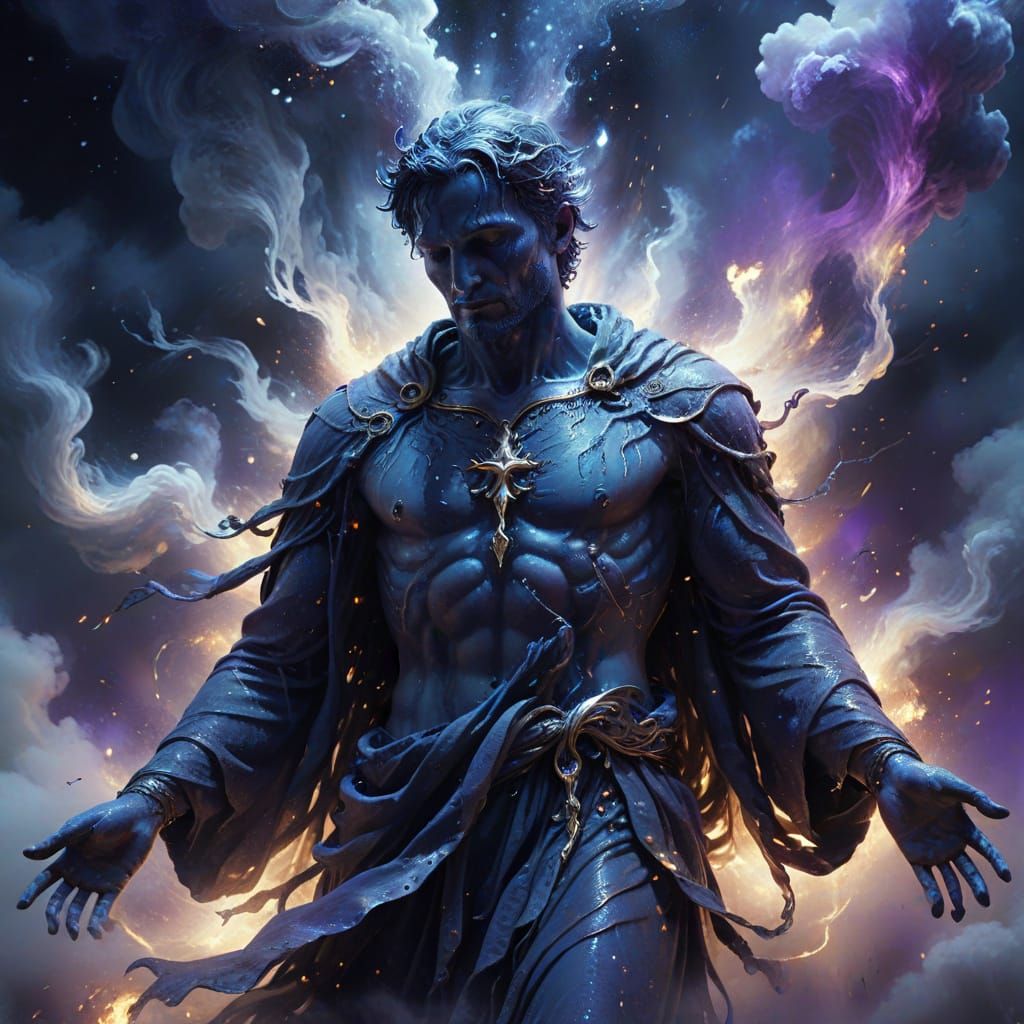 Fallen Saint Dissolves into Indigo Mist with Violet Eyes