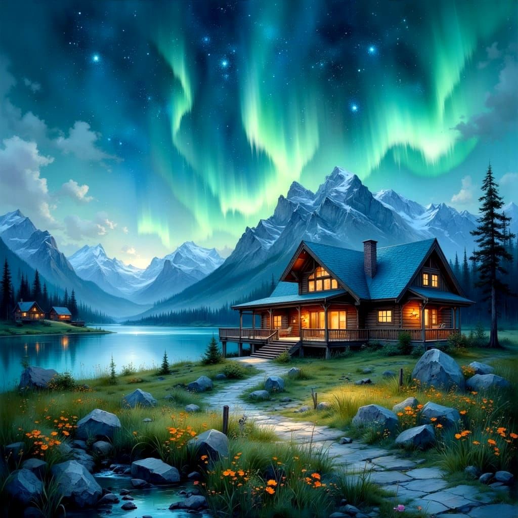 Cozy Log Cottage Under Northern Lights