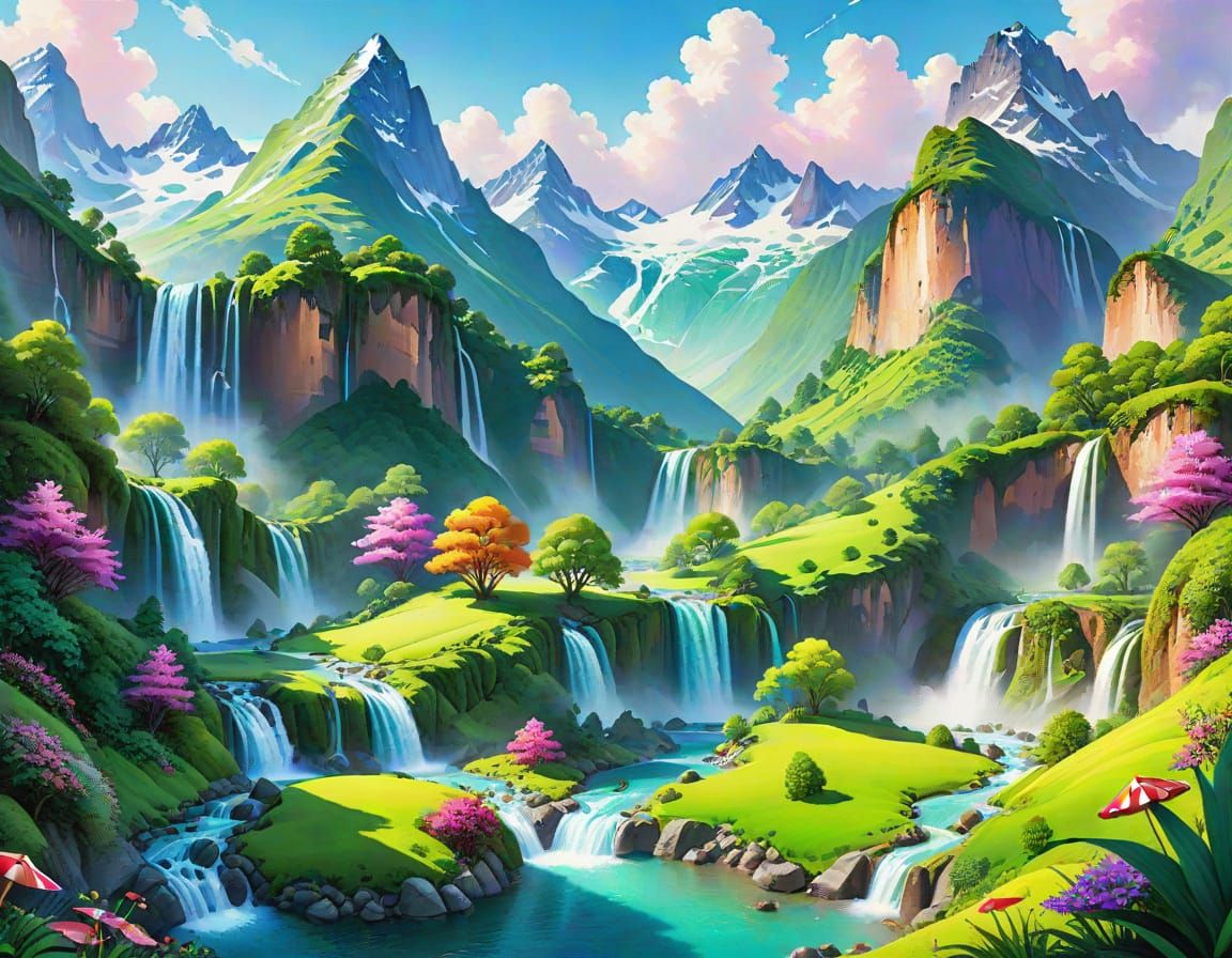 Vibrant Valley Between Mountains in Candy Art Style
