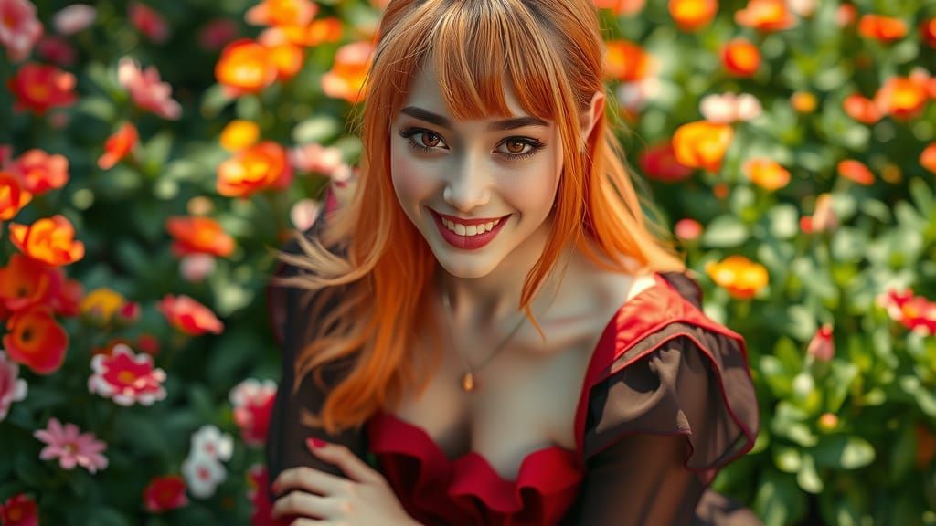 Woman in Vibrant Floral Surrounds, Cyberpunk-Inspired Portra...