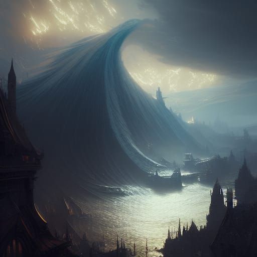 Dark Fantasy Wave off City, Hyperdetailed Art