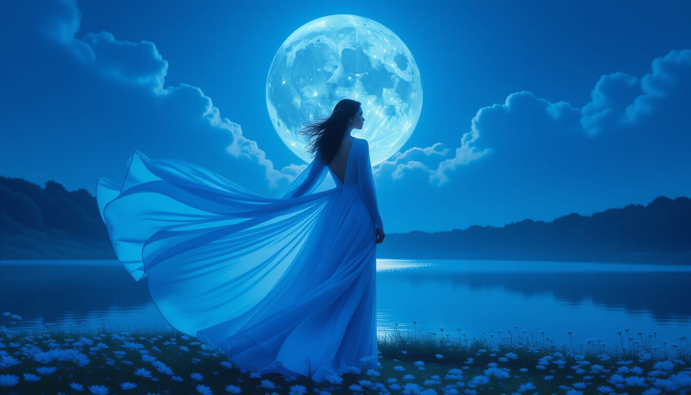 Mysterious Woman in Flowing Blue Dress Under Moonlight