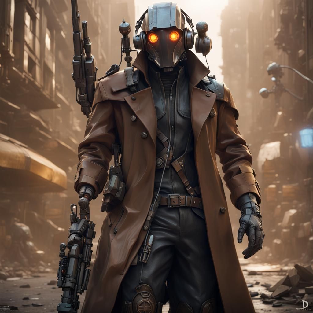 Bounty Hunter in Trench Coat with Robotic Arm
