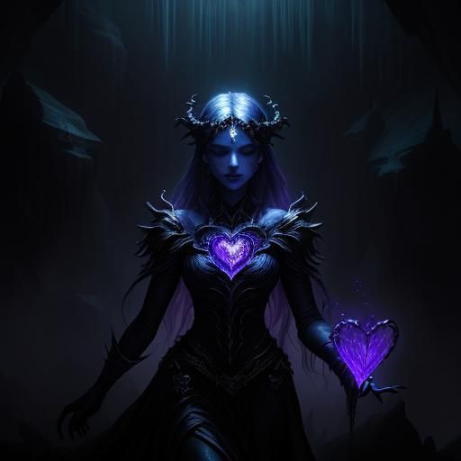 Goddess with Crystal Heart in Dark Cave