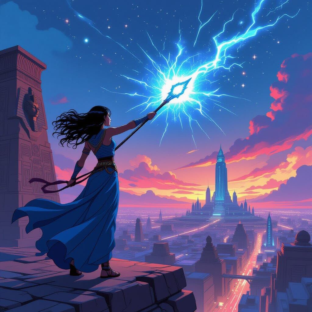 Rebellious Mage Overlooks Synthwave Cityscape