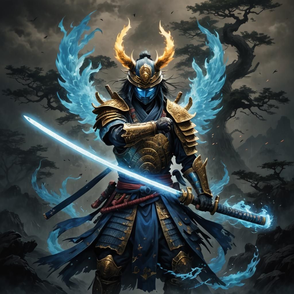 Samurai and Blue Phoenix with Katana