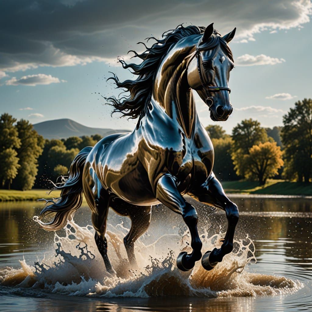 Steel Stallion Emerges from Shimmering Lake in Cyberpunk Sty...