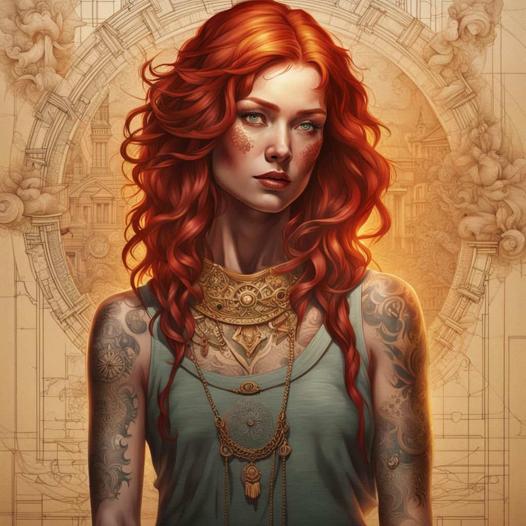 Woman with Da Vinci Tattoos: Hyperdetailed Portrait