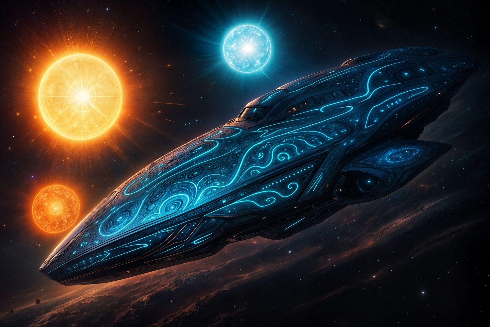 Sleek Zanarian Cruiser Emerges Near Vibrant Trinary Star Sys...