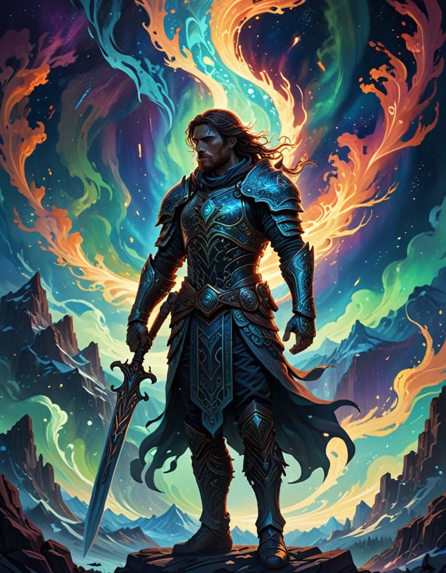 Warrior Silhouetted Against Aurora Borealis in Art Nouveau S...