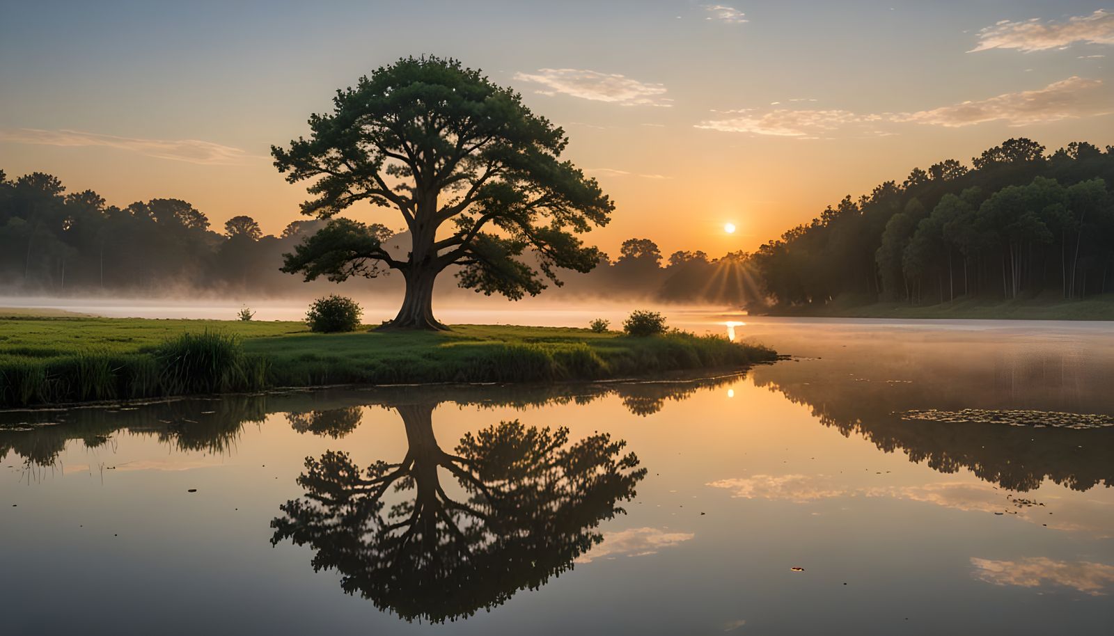Serenity Morning Pond Scene in Soft Watercolor Style