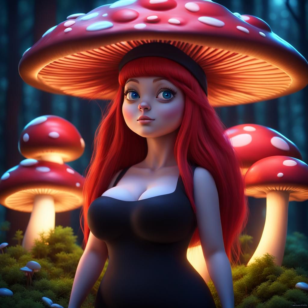 Anime Mushroom Woman in Magic Forest: 3D Art