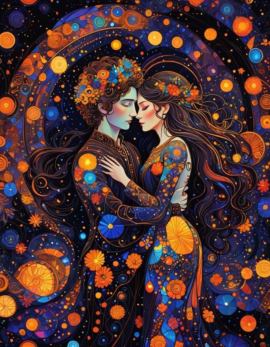 Mosaic Couple Embracing, Inspired by Gustav Klimt
