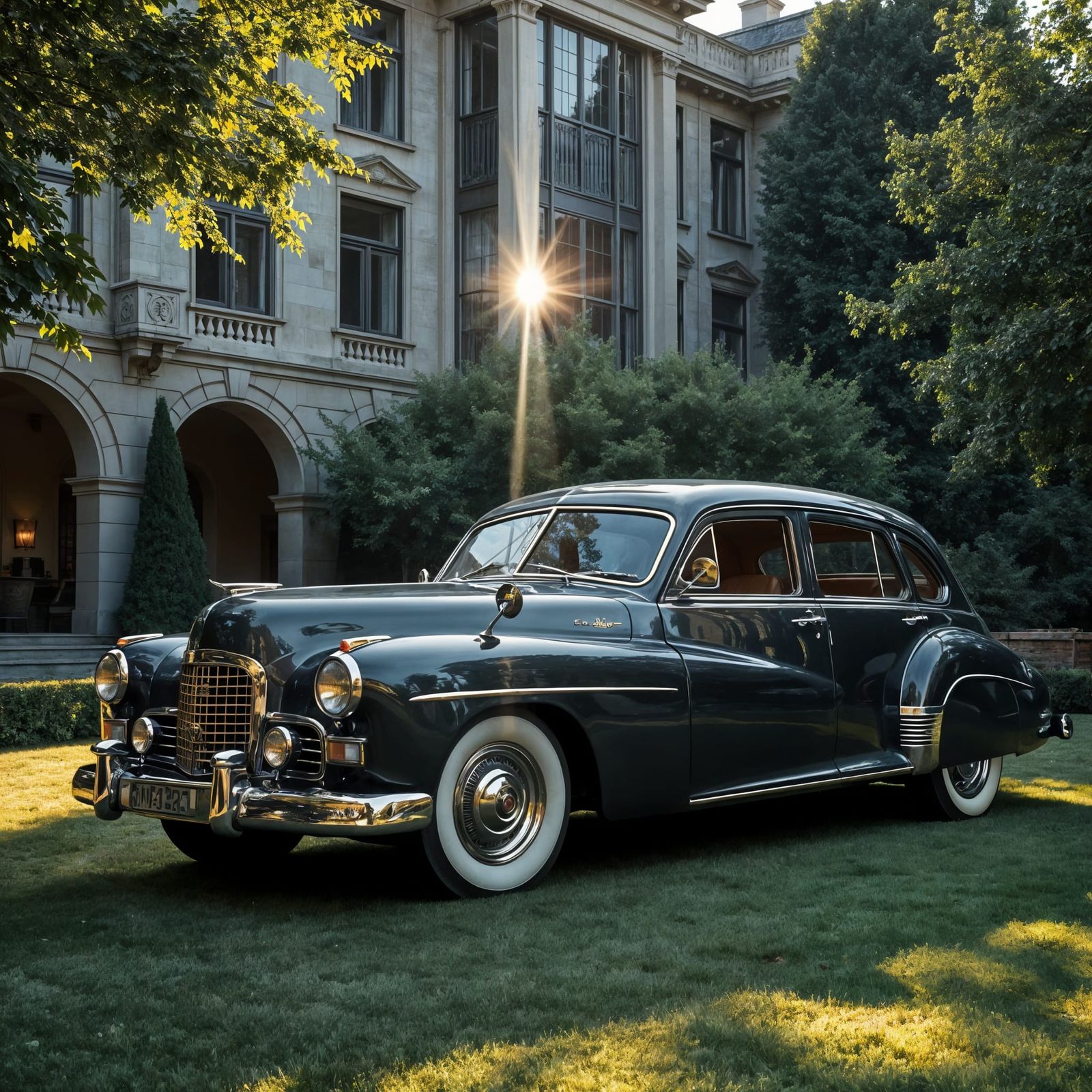 Steampunk Limousine in Sunlit Luxury Hotel Yard