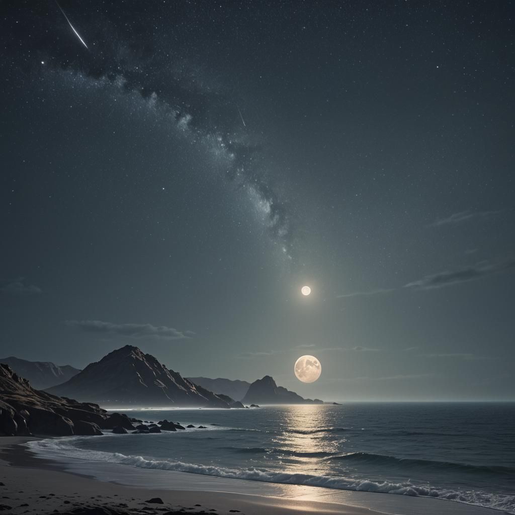 Mysterious Ocean at Night with Meteor Shower