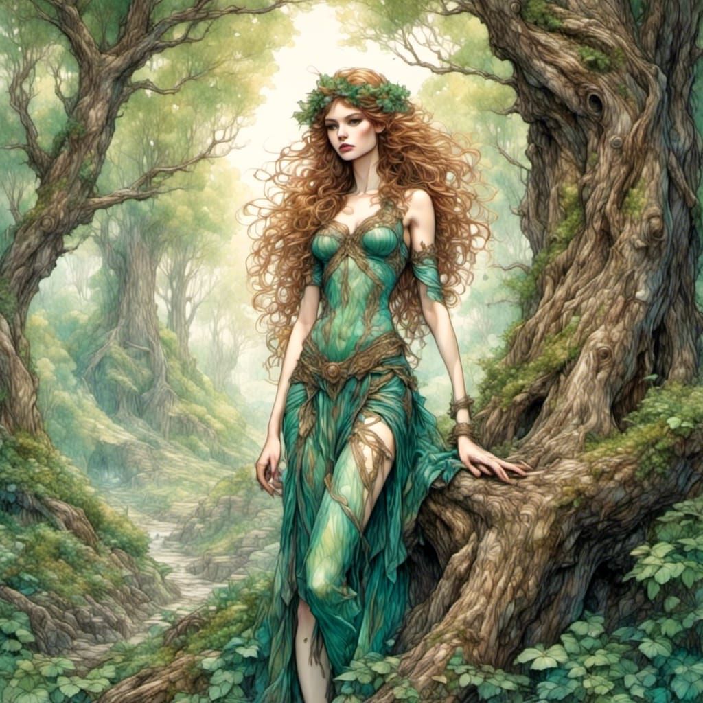 Dryad Emerges from Tree in Woodland Setting