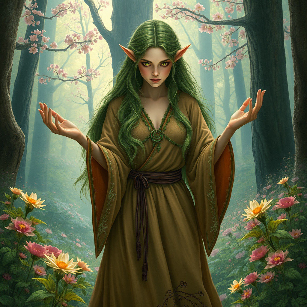 Mystical Elf Summons Plant Power in Dreamlike Forest