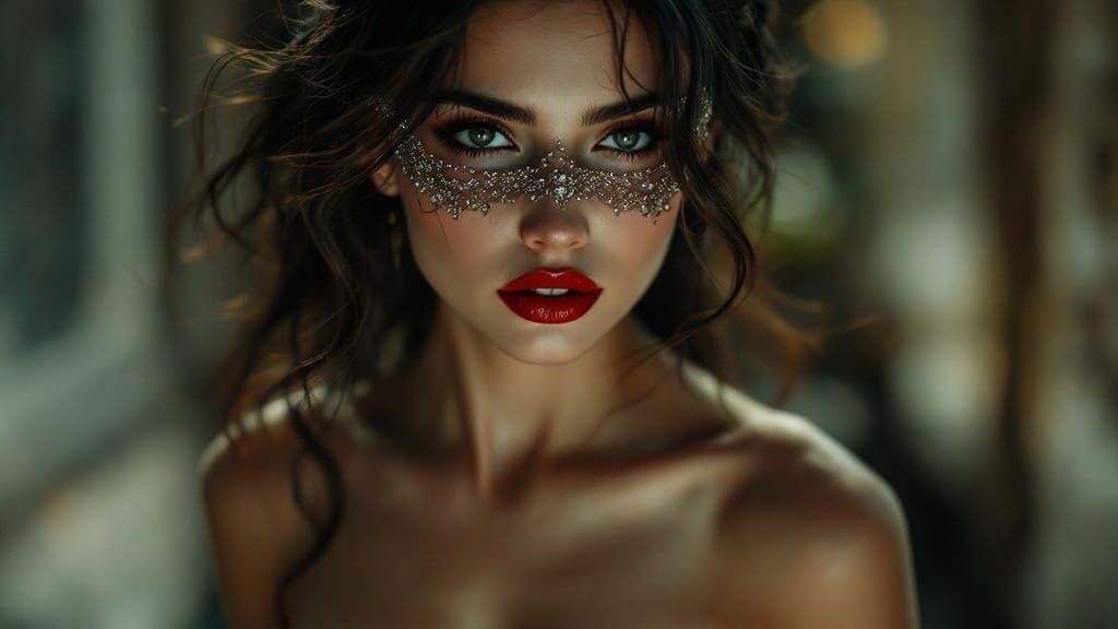 Mysterious Woman in Gown and Mask