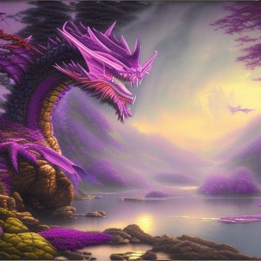 Ethereal Purple Dragon in Fantasy Landscape