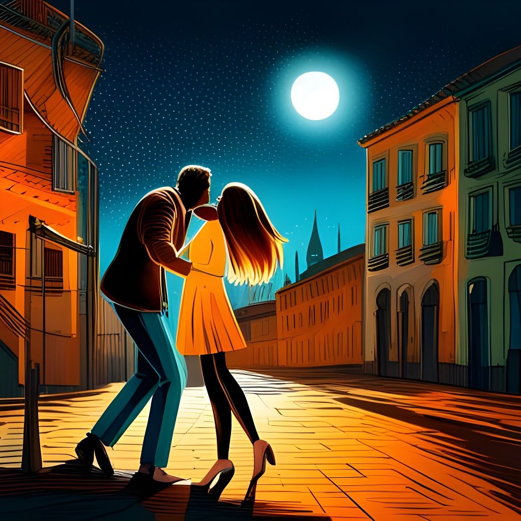 Romantic Nighttime Kiss in City Street Painting