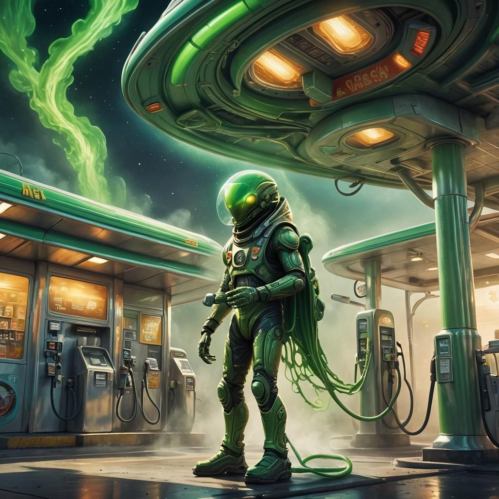Alien at Mystical Gas Station: Ethereal Fantasy Art