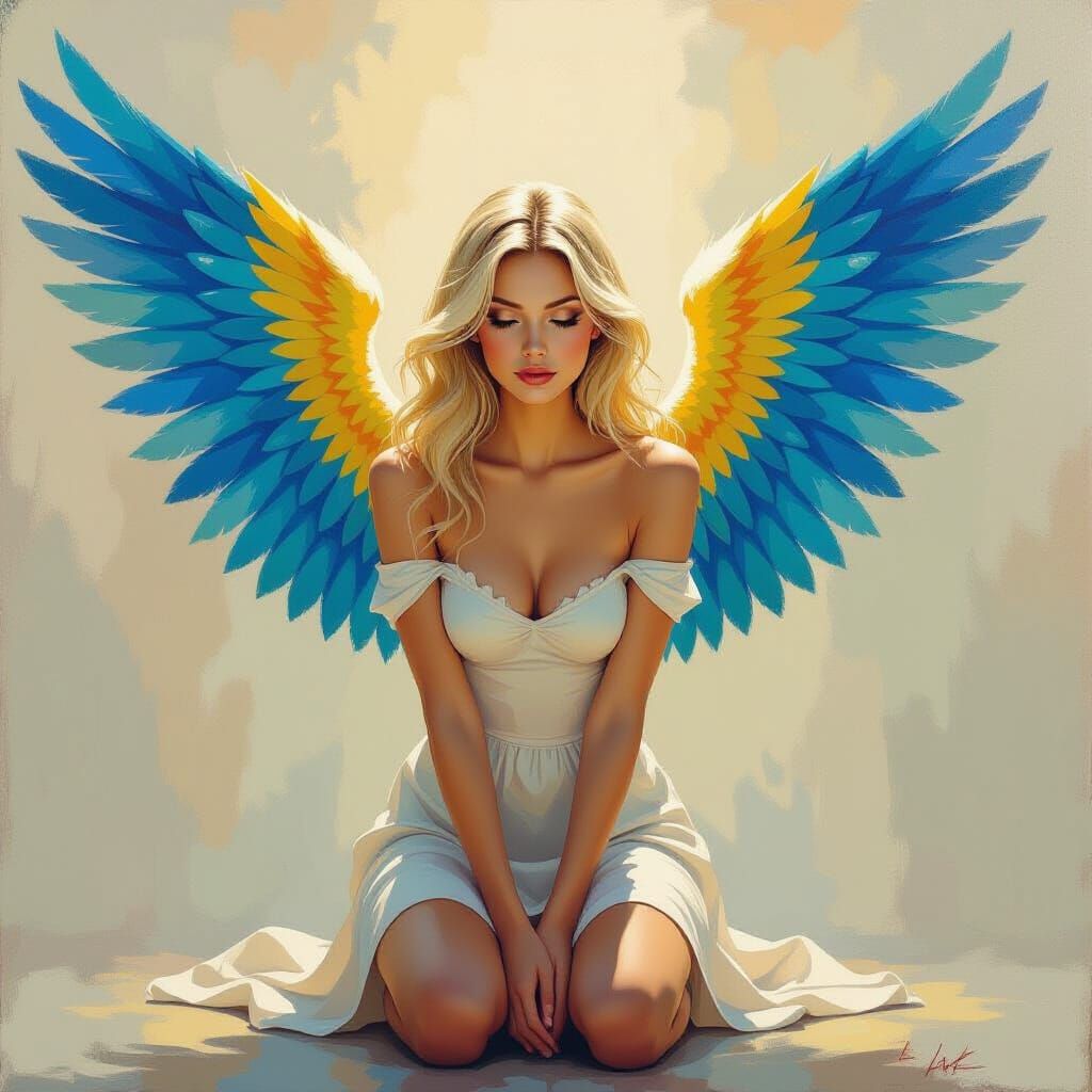 Angelic Figure in Vibrant Blue and Yellow Impasto Style