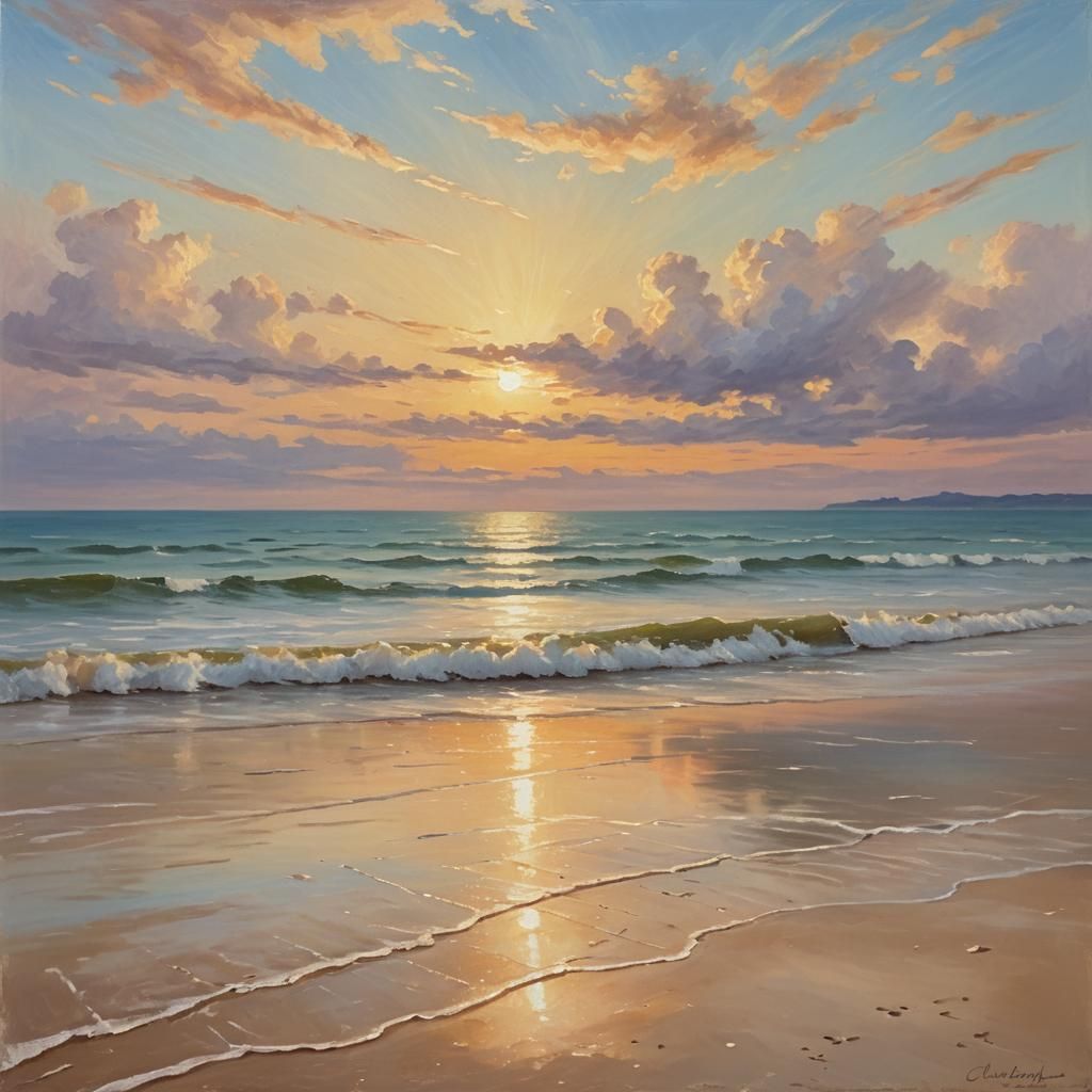 Tranquil Beach at Sunset in Impressionistic Style