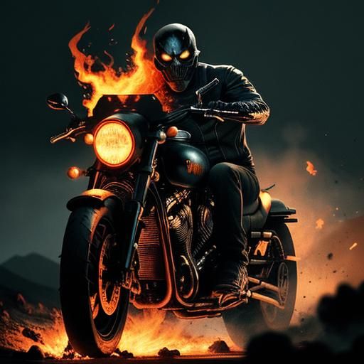 Surreal Comic Book Art of Flaming Ghost Rider in High Contra...